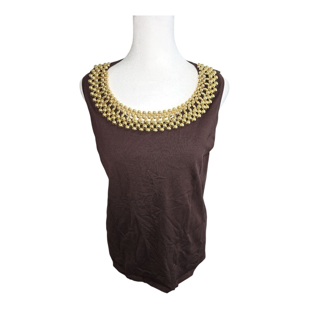 August Silk Petite Size‎ L Brown Beaded Neckline Sleeveless Knit Top Women PL